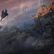 Torrent and the Tarnished leap across a chasm in Elden Ring's vast world.